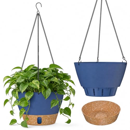 ZMTECH 2 Pack 10 Inch Hanging Baskets for Plants Outdoor Indoor, Modern Blue Planters with Water Level Window & Metal Chain for Balcony Patio Garden Home Decor - color: Blue, size: 10 Inch