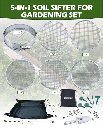 5-in-1 Soil Sifter Set with 5 Replaceable Stainless Steel Mesh Screen & Shovel (1/8" - 1/2"), Soil Sifter for Soils, Compost, Bonsai etc. (11-5/8" Diameter) (15-in-1 Sets)