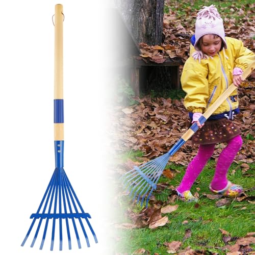 Kids Rakes with Hardwood Handle - Metal Kids Leaves Rakes, 28" Child Size Lawn Rakes with Vibrant Blue Heads, Garden Tool Set for Kids Boys and Girls - color: Blue