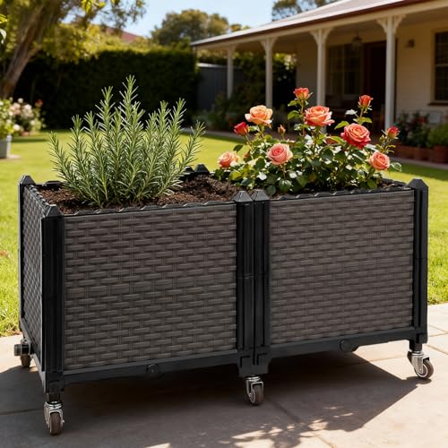 Raised Plant Box with Wheels 31.5"x15.7"x16.1", Raised Beds for Gardening Self Watering, Durable Metal Lockable Casters, Rectangular Garden Planter Perfect for Garden Patio Balcony Deck - size: L 32"xW 16"xH 16"