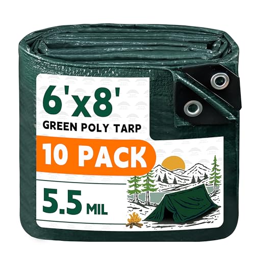 RAINDEWAY Green Tarp 6x8 Feet(10 Pack),5.5Mil Waterproof Poly Tarps Cover - color: Green, size: 6'×8'（10 Pcs）-Finished Size