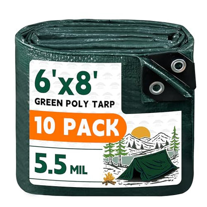 RAINDEWAY Green Tarp 6x8 Feet(10 Pack),5.5Mil Waterproof Poly Tarps Cover - color: Green, size: 6'×8'（10 Pcs）-Finished Size