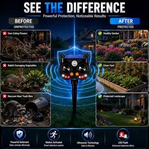 New Solar Animal Repellent Ultrasonic Outdoor for Deer Cat Skunk Squirrel Racoon Fortress Pro Animal Repeller Deterrent Devices with LED Strobe,Motion Sensor,Adjustable Volume and Modes for Yard,4 Pcs