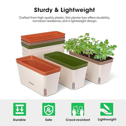 VIVOSUN Self-Watering Planters, 12-Pack 10.5 Inch Compact Rectangular Window Herb Planter Box with 10 PCS Plant Labels, Plant Container for Basil, Flowers, Succulents, Indoor & Outdoor - size: 6 (Pack of 2)