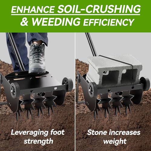 Lineware 9-Inch Lawn Aerator with Steel Handle,Heavy Duty Push Spike Aerator with 2 Wheels,Aerator Lawn Tool, Manual Aerator Lawn Tool with Foam Armrests, Suitable for Lawn, Garden and Yard