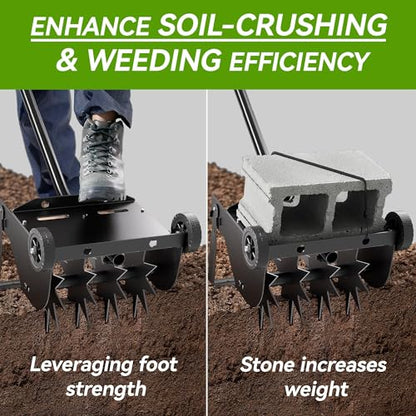 Lineware 9-Inch Lawn Aerator with Steel Handle,Heavy Duty Push Spike Aerator with 2 Wheels,Aerator Lawn Tool, Manual Aerator Lawn Tool with Foam Armrests, Suitable for Lawn, Garden and Yard