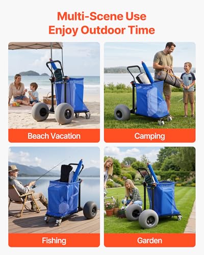 VEVOR Beach Cart with Large Wheels for Sand, 165 lbs Load Capacity, Heavy Duty Folding Beach Wagon with 12" Balloon Wheels, Storage Bag, 180° Adjustable Handlebar, Dolly for Camping Fishing Garden - size: 12" Balloon Wheels