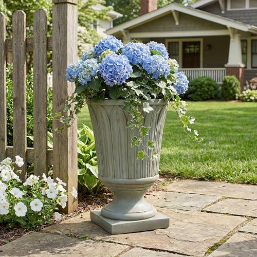 Merax 22.44" H Classical Embossed Leaf Pedestal Urn Planter Weather-Resistant MGO Outdoor Flower Pot for Garden Patio and Front Porch Entrance,Antique Mossy Grey - style: Classical Embossed Leaf