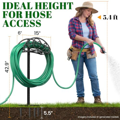 Sunvigor Garden Hose Holder, Heavy Duty Metal Hose Stand with 4 Spikes, Holds Up to 150FT Hose, No Drill Freestanding Hose Reel Alternative for Yard Lawn Outdoor