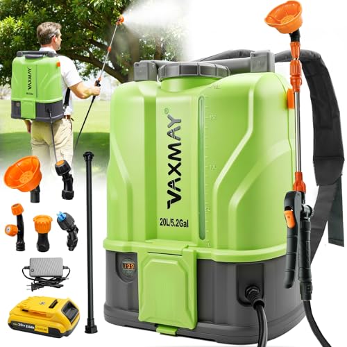 VAXMAY Battery Powered Backpack Sprayer 5.2 Gallon, 120 PSI Electric Garden Sprayer Compatible with DeWalt 20V Battery, Weed Yard Sprayer with 2 Wands, 5 Nozzles, 2.6 Ah Battery & Charger Included - size: 5.2 Gallon