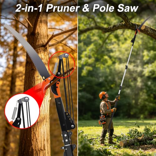 20FT Reach Manual Pole Saw, 2-in-1 Pole Pruner for Tree Trimming, 4-Section 5-12FT Retractable Square Pole, Labor-Saving Pulley & Hardened Steel Blade for Fruit, Palm, High Orchard Branches