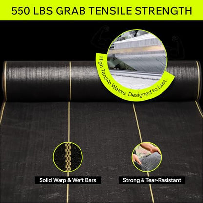 Weed Barrier Fabric Heavy Duty 3ft x 300ft, 3.2 oz Woven Landscape Fabric for Gardens, Raised Beds & Landscaping, UV-Stabilized Permeable Ground Cover with Yellow Planting Guides, Black, DOTDAY Shield - size: 3 x 300ft