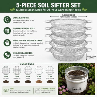 5-Piece Garden Soil Sifter Set with Handles, 11.8" Screens for 5 Gallon Buckets, 2/3/6/10/12mm Mesh for Compost, Sand, Dirt & Gravel