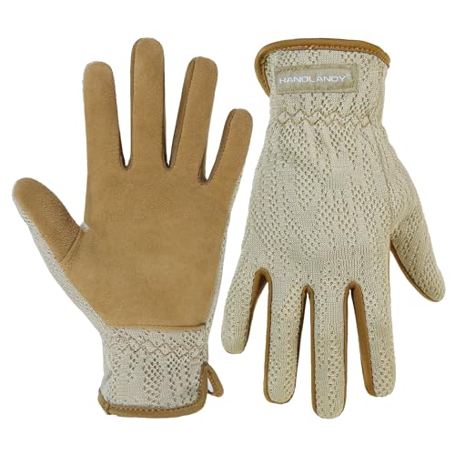 HANDLANDY Gardening Gloves for Women, Leather Garden Glove, Gardener Gift - color: Coffee Khaki, size: Medium (Pack of 1)