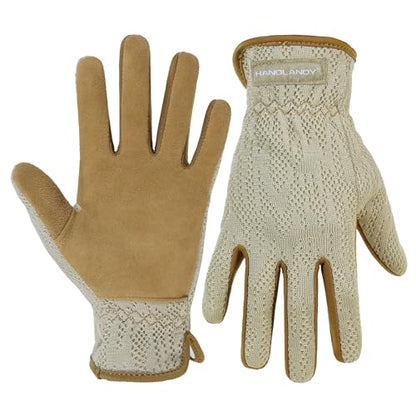 HANDLANDY Gardening Gloves for Women, Leather Garden Glove, Gardener Gift - color: Coffee Khaki, size: Medium (Pack of 1)
