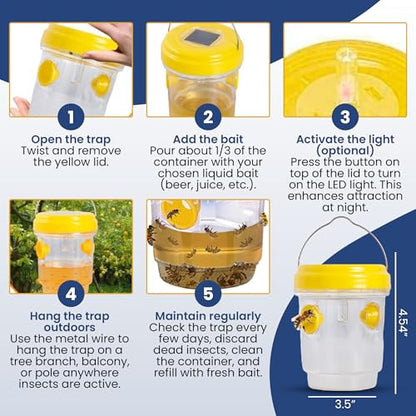 Solar Wasp Traps Outdoor Hanging 3 Pack Reusable Catcher with LED Light for Yellow Jackets Hornets Bees Flies Patio Porch Garden Backyard