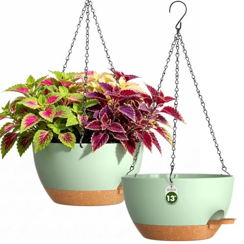 13 Inch Large Self Watering Hanging Planters 2 Pack with Saucers - color: Green Brown, size: 13 Inch 2 Pack