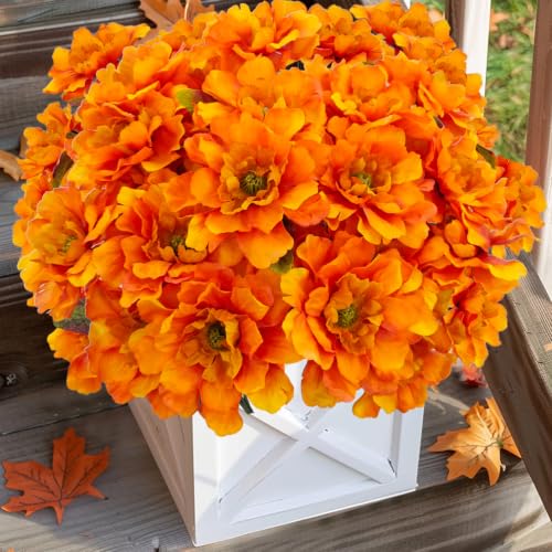 4 Bundles Fall Flowers for Cemetery Artificial Mums for Outdoors - color: Burnt Orange
