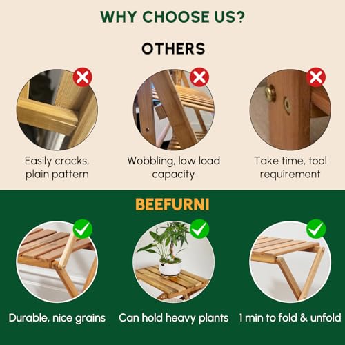 BEEFURNI 4-Tier Foldable Acacia Wood Ladder Plant Stand & Corner Rack