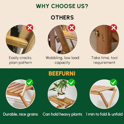 BEEFURNI 4-Tier Foldable Acacia Wood Ladder Plant Stand & Corner Rack