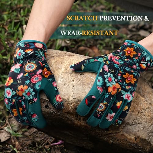 Gardening Gloves for Women, Breathable Leather Garden Gloves,Gardening Gift - color: Green - Black Flower