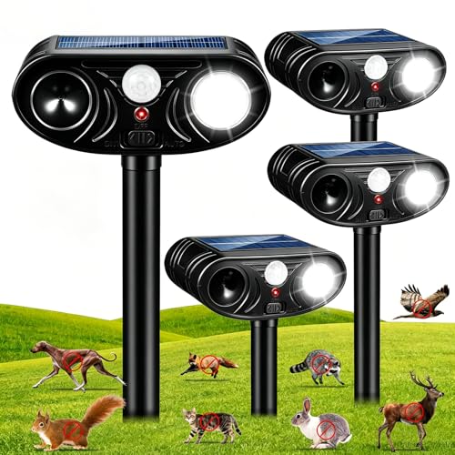 2026 Upgraded Solar Ultrasonic Animal Repellent Deer Cat Squirrel Deterrent Devices Motion Activated with LED Strobe Light Repeller Keep Dog Raccoon Skunk Rabbit Away from Yard Garden Farm 4 Pack