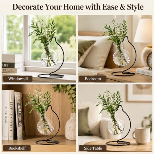Plant Propagation Station, Plastic Vase with Metal Stand, Clear Plastic Hanging Vase, Hydroponic Planter for Office Home Wedding Tabletop Decoration (8)