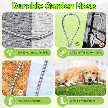 GOXAWEE 75FT Garden Hose, Stainless Steel Water Hose, 10 Function Nozzle - size: 75FT