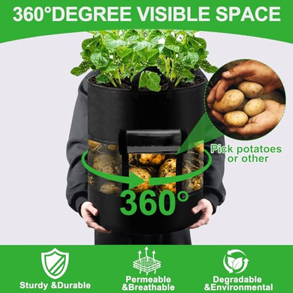 3 Pack 10 Gallon 360°Visible Potato Grow Bags,Heavy Duty Thickened Nonwoven Fabric Planter Bags with 2 Clear Harvest Windows&Removable Shading Cover,Reinforced Handles,Vegetable Grow Bags with Labels - size: 10 Gallon