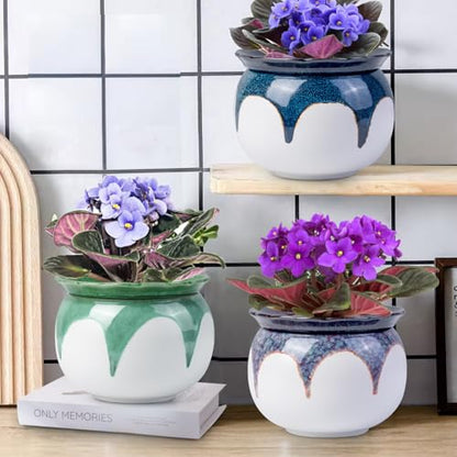 BUYMAX Self Watering Ceramic African Violet Pot Keep The Soil Moist - color: White-red