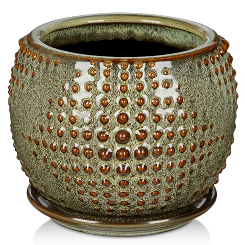 Oairse Ceramic Pot for Indoor Plants, 7 inch Plant Pot with Drainage Hole and Saucer Decorative Brown Planter with Saucer Indoor Outdoor Flower Pots for Succulent Snake Plant Pothos Orchid - color: Brown Grey