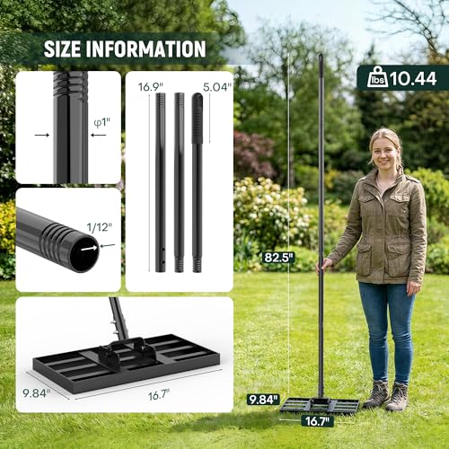 17*10" Carbon Steel Lawn Leveling Rake with 82in Adjustable Handle