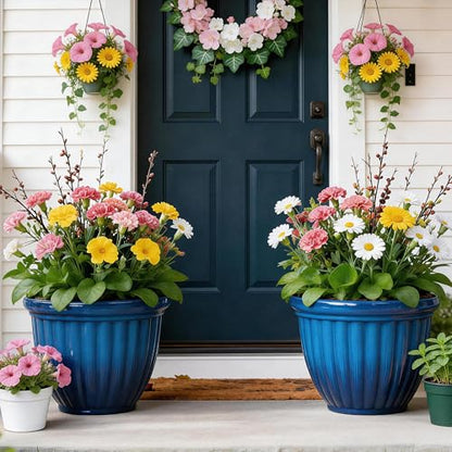 Autodaya 15" Large Planters for Outdoor Plants Set of 2 Plastic Flower Pots - color: 15" Gradient Cobalt Blue Finish
