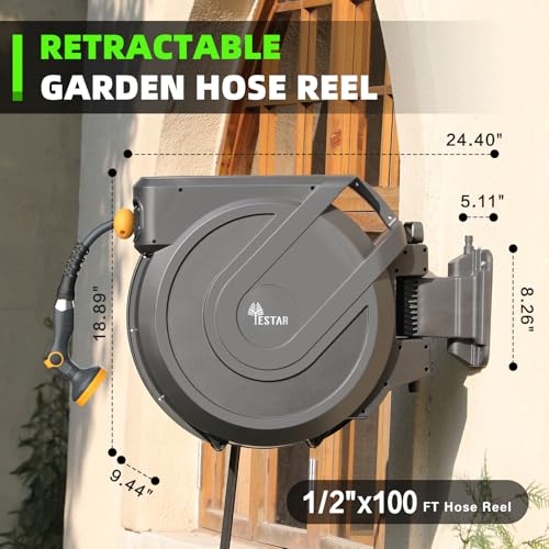 Retractable Garden Hose Reel 1/2 in x100 ft, Wall Mounted Hose Reel - color: Gray, size: 1/2"x100 ft