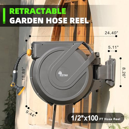 Retractable Garden Hose Reel 1/2 in x100 ft, Wall Mounted Hose Reel - color: Gray, size: 1/2"x100 ft