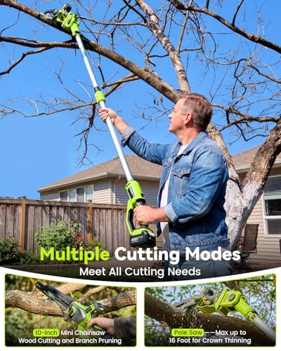 10 Inch Electric Pole Saws for Tree Trimming, 1000W Brushless Pole Saw and Mini Chainsaw 2 in 1, 2*4000mAh Battery, Lightweight Tree Saw with Extension Pole, 16Ft Max Reach Tree Trimmer Branch Cutter - color: Emerald Green