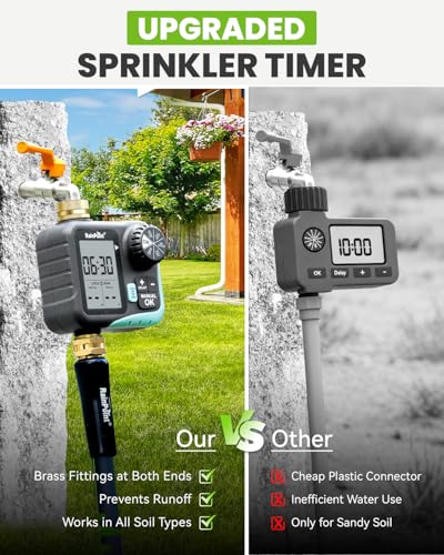 RAINPOINT Sprinkler Timer for Garden Hose - Hose Timer with Cycle & Soak/Rain Delay/Automatic Watering/Manual Watering, Programmable Irrigation System with Large Display, Brass Inlet & Outlet - color: Brassy