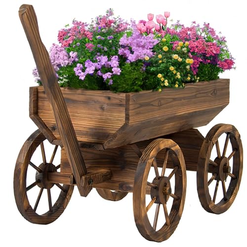 Wood Wagon Planter for Outdoor Balcony Decor - Garden Rustic Wooden Flower Cart with Wheels for Outside - Garden Decor - Amish Decorative Indoor - Wheelbarrow Planter for Patio - color: Classic Wood Wheels