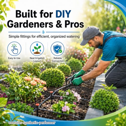 RAINFLOW Drip Irrigation Fittings Kit 1/4 Inch – Barbed Connectors, Tees, Elbows, End Plugs and Couplings, Tool-Free Drip Irrigation Parts for Garden, Greenhouse and Lawn Watering Systems