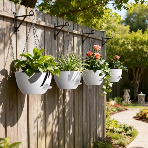 UOUZ 4 Pack 8 Inch Self Watering Hanging Planters for Indoor Outdoor Plants，Hanging Pots for Plants with Drainage Removable Tray, Hanging Baskets Flower Pots for Ivy Pothos Spider Garden Porch White - color: White, size: 8inch-4pack