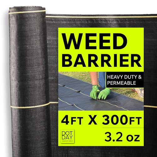Weed Barrier Fabric Heavy Duty 4ft x 300ft, 3.2 oz Woven Landscape Fabric for Gardens, Raised Beds & Landscaping, UV-Stabilized Permeable Ground Cover with Yellow Planting Guides, Black, DOTDAY Shield - size: 4 x 300ft