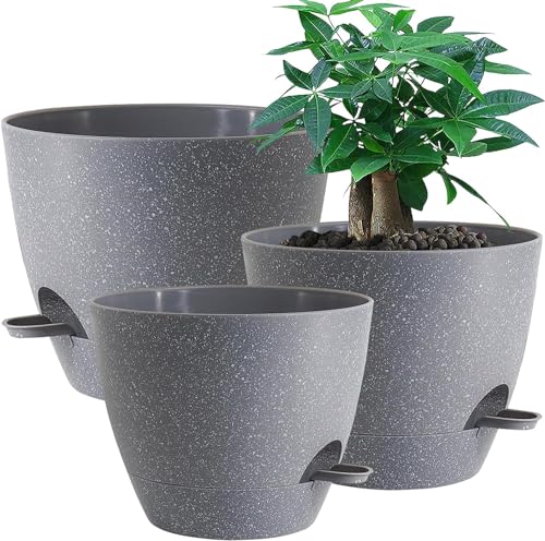 UOUZ Large Self Watering Pots, 12/10/9 Plastic Planters with High Drainage Holes and Deep Reservoir for Indoor Outdoor Garden Plants and Flowers, Grey Speckles - color: Grey Speckles