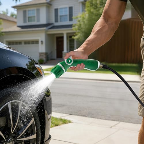 HugeDawn Garden Hose Nozzle, Heavy Duty High Pressure Metal Hose Spray Nozzle with 30% Greater Water High Flow, 3 Spray Patterns, Non-Slip Thumb Control for Quick Watering & Cleaning (Green) - color: Green