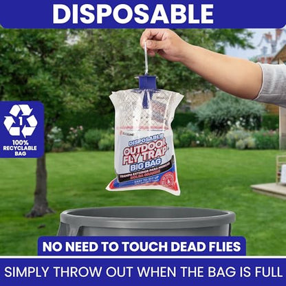 Fly Traps Outdoor Fly Trap for Patio. 2 Large Non-Toxic Pre-Baited Flies Bags Outdoor Disposable. Big Hanging Bug Catchers for All Filth Flies Killer for Outside Bug Control in Yard Horse Ranch. - size: 2pk