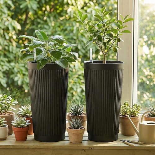 TUYOHW 24 Inch Tall Round Plastic Planter with Self Watering System, Large Indoor Outdoor Planter for Home, Patio, Garden - color: Black-round