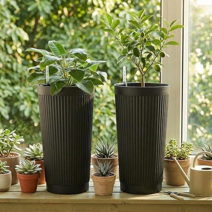 TUYOHW 24 Inch Tall Round Plastic Planter with Self Watering System, Large Indoor Outdoor Planter for Home, Patio, Garden - color: Black-round