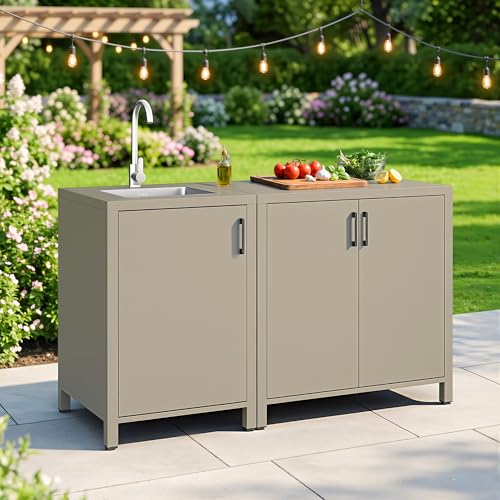 Wisteria Lane Outdoor Storage Cabinet with Stainless Steel Sink, Aluminum Modular Outdoor Kitchen, All Weather Kitchen Island with Double Door Storage, Patio Bar Table for BBQ, Porch, Backyard - size: Sink Cabinete + Double Door Cabinet