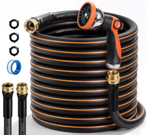 Garden Hose, 25ft 5/8" Heavy Duty Rubber Water Hose w/ 10-Mode Spray Nozzle, 550 PSI Burst, 360° Anti-Kink Swivel Connectors, All-Weather Flexible, Leakproof 3/4" Brass Male to Female Fittings - size: 25ft
