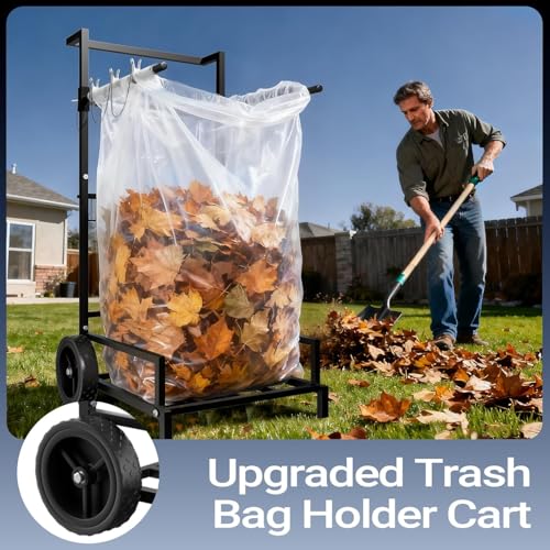 Metal Leaf Bag Holder, 35-55 Gallon Adjustable Mobile Trash Bag Holder,Upgraded Garbage Bag Trolley with wheels,Trash Bag Holder Stand Suitable for Yard and Lawn Cleaning, Camping, and Gathering