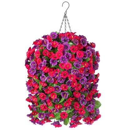 Artificial Flowers with Hanging Basket, Outdoor Faux Plants UV Resistant - color: Hot Pink Purple